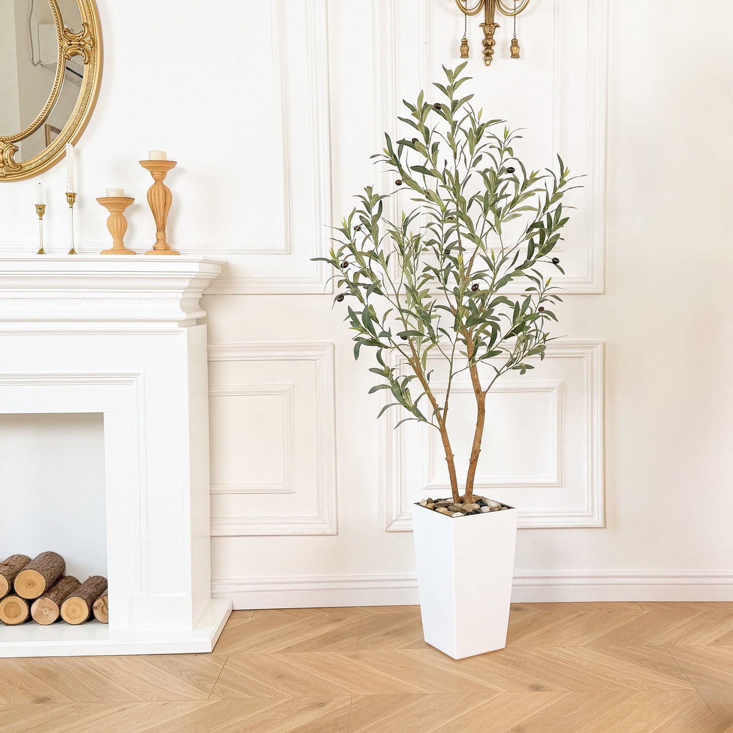Nafresh 7ft Faux Olive Tree with Multiple Real Wood Trunks & White Decorative Tall Planter, 84in Artificial Olive Tree for Home Office Bedroom Porch Balcony Decor