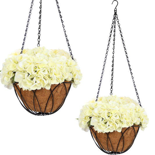 RosyHaven 14Pcs Real Touch Artificial Hanging Flowers for Outdoors with Hanging Basket,Realistic Leaves,White/Beige/ Pink/Rose Red/Green/Bule/Purple Hydrangea Faux Flowers,Fake Hanging Flowers for Front Door Porch Patio Garden Room Decor