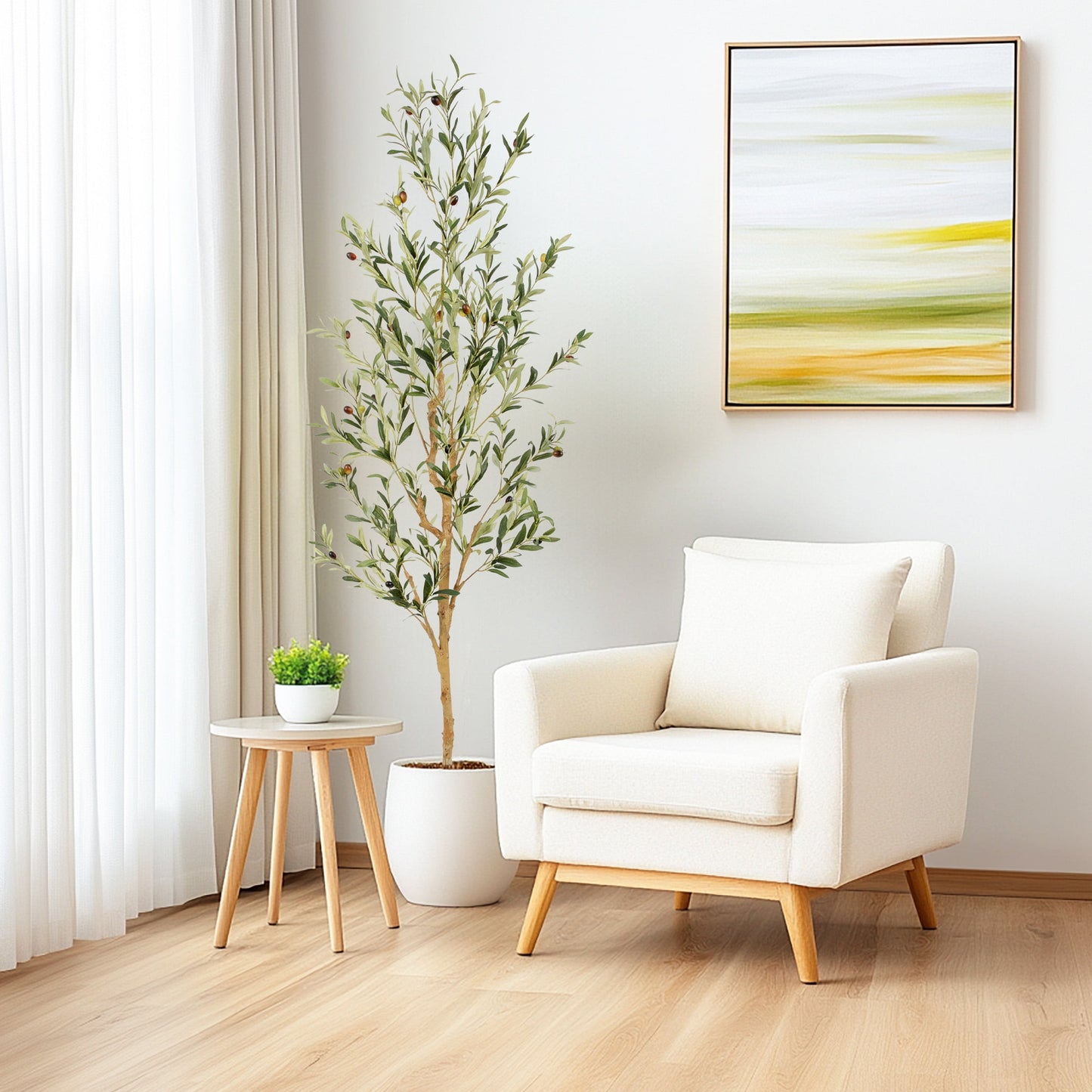 Nafresh 7ft Faux Olive Tree with Real Wood Trunk and Realistic & Full Leaves, 84in Fake Olive Tree with Lifelike Fruits and Sturdy Flower Pot for Indoor Outdoor Decor.