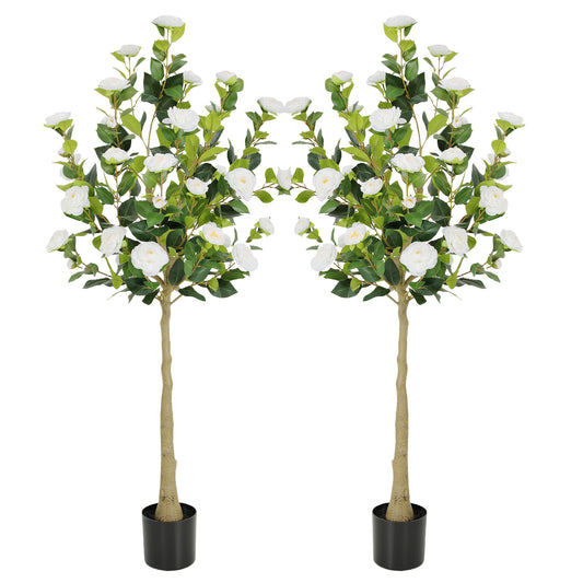 RosyHaven 4ft/5ft 2pack Artificial Camellia Tree with Realistic White/Orange/Pink/Red/Yellow Flowers, Lifelike Faux Flower Tree with Blooming Fake Flowers for Front Door Porch Patio Garden Yard Poolside Living Room Decor.