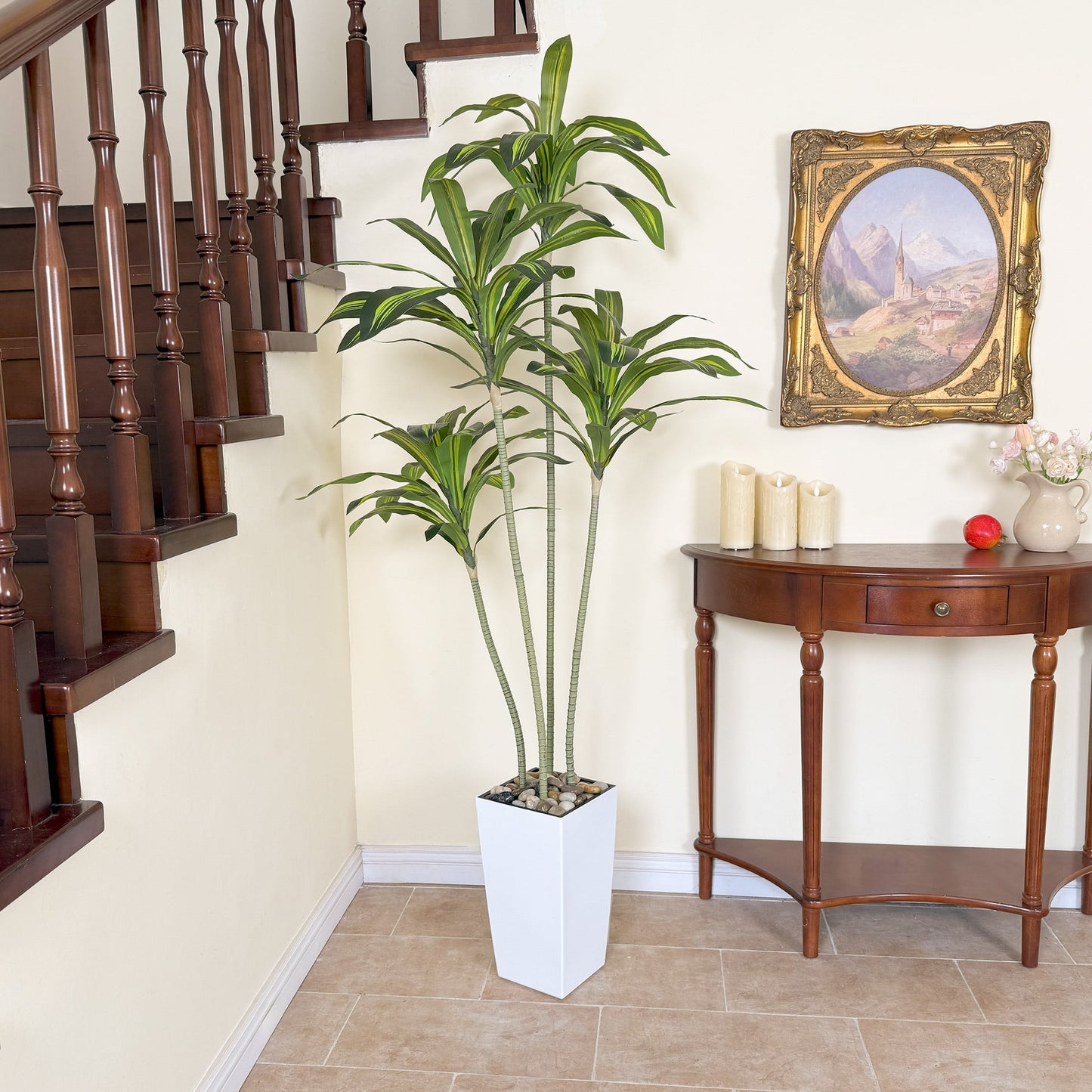 Nafresh UV Resistant 5ft Dracaena Artificial Plant with Tall White Decorative Planter for Indoor Outdoor Decor