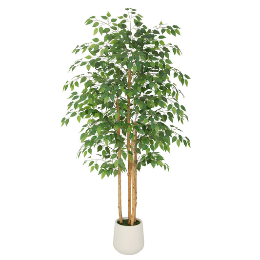 RosyHaven 5/6/7ft Resistant UV Artificial Ficus Tree with Exquisite White Planter, Real Wood Trunks, Real Touch Faux Ficus Tree, Fake Ficus Tree Indoor for Living Room Bedroom Dining Room Balcony Patio Decor