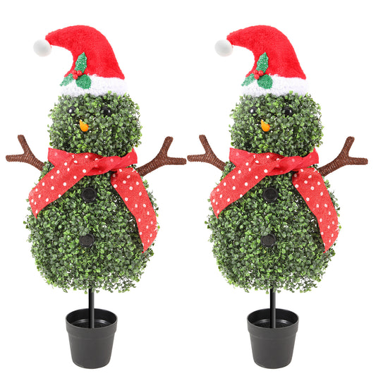 RosyHaven 3ft 1pack/2pack Snowman Topiary Tree, Realistic Artificial Snowman Shaped Topiary Tree with Red Christmas Hat, Scarf, and Brown Arms for Christmas Decor in Yard Porch Living Room Dining Room Bedroom