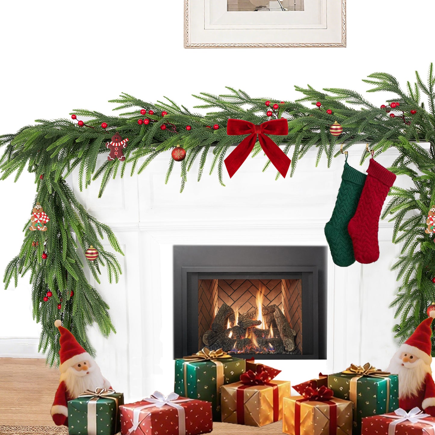 Nafresh 1/2pack 6ft/9ft Real Touch Norfolk Pine Garland, Realistic Faux Christmas Garland with Red Berries for Fireplace Table Stair Window Front Door Decor, 1Pack