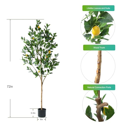 Tall Artificial LemonTree 6ft(72in), Faux Lemon Tree with Realistic Smooth and Shiny Leaves and Big Fruits, Fake Trees Indoor Outdoor for Home Office Living Room Bedroom Foyer Porch Decor.