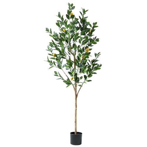Tall Artificial LemonTree 6ft(72in), Faux Lemon Tree with Realistic Smooth and Shiny Leaves and Big Fruits, Fake Trees Indoor Outdoor for Home Office Living Room Bedroom Foyer Porch Decor.