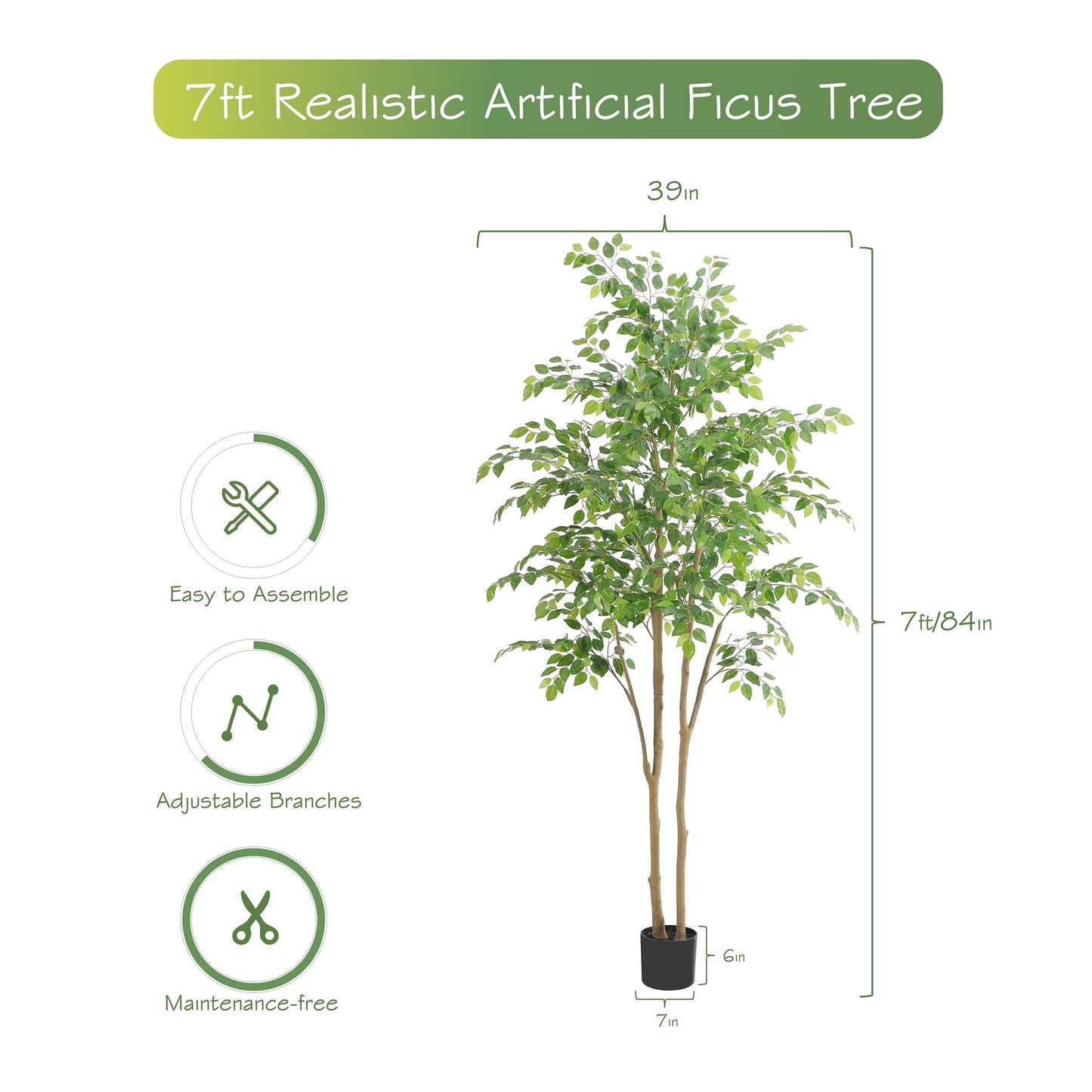 Nafresh 7ft Artificial Ficus Tree with Full Leaves, Multiple Realistic Trunks, and Sturdy Pot for Indoor Outdoor Decor.
