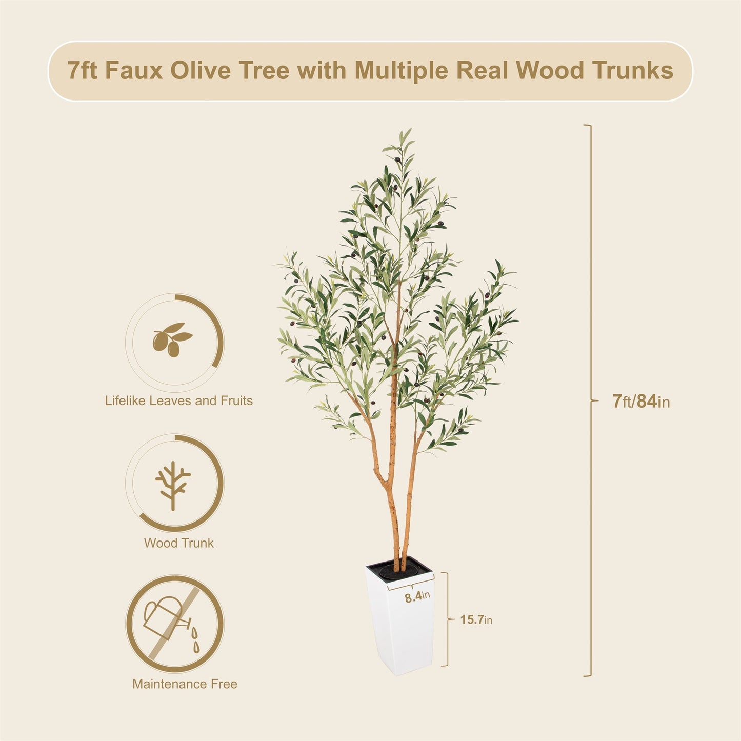 Nafresh 7ft Faux Olive Tree with Multiple Real Wood Trunks & White Decorative Tall Planter, 84in Artificial Olive Tree for Home Office Bedroom Porch Balcony Decor