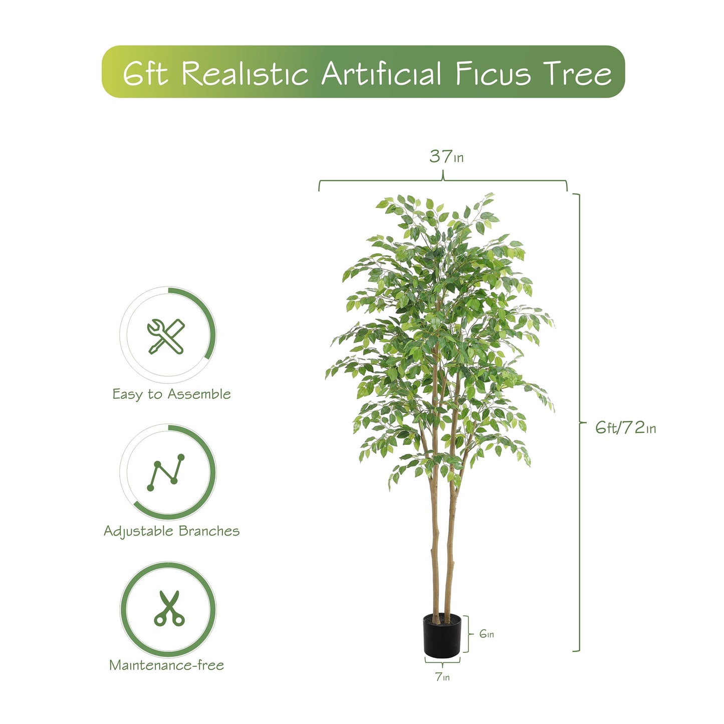 Nafresh 7ft Artificial Ficus Tree with Full Leaves, Multiple Realistic Trunks, and Sturdy Pot for Indoor Outdoor Decor.