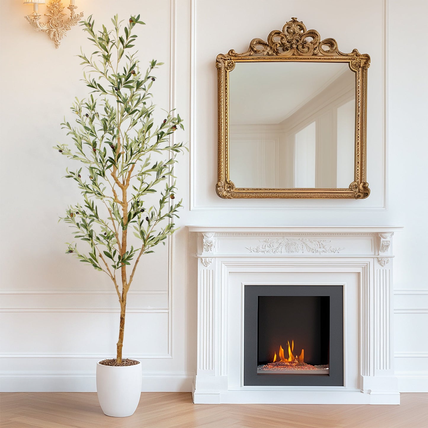 Nafresh 7ft Faux Olive Tree with Real Wood Trunk and Realistic & Full Leaves, 84in Fake Olive Tree with Lifelike Fruits and Sturdy Flower Pot for Indoor Outdoor Decor.