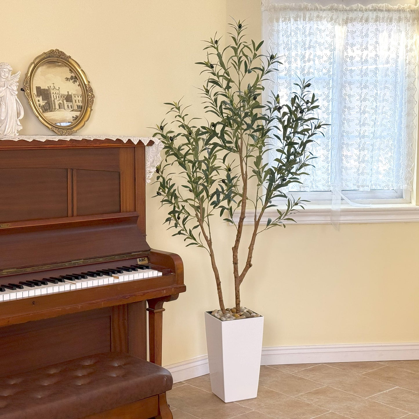 Nafresh 7ft Faux Olive Tree with Multiple Real Wood Trunks & White Decorative Tall Planter, 84in Artificial Olive Tree for Home Office Bedroom Porch Balcony Decor
