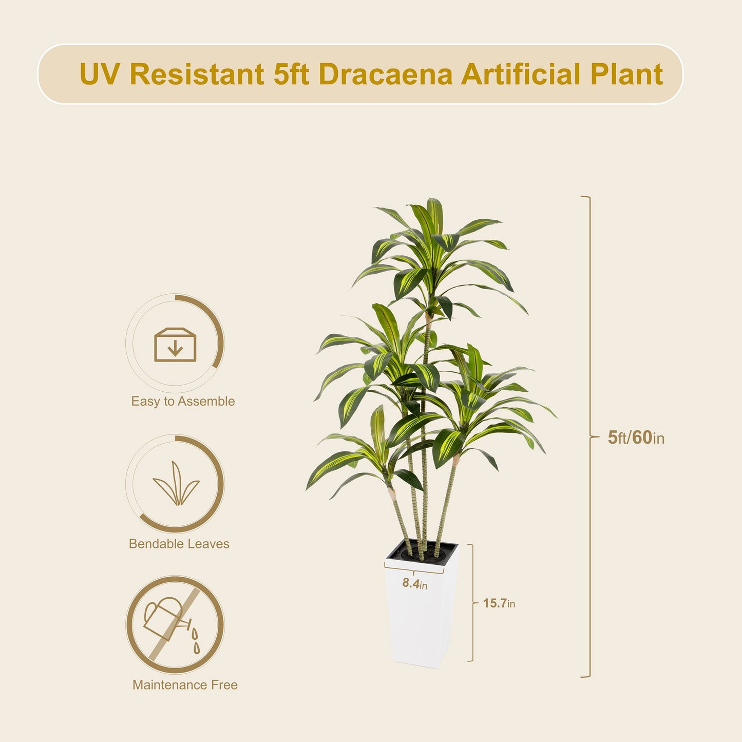 Nafresh UV Resistant 5ft Dracaena Artificial Plant with Tall White Decorative Planter for Indoor Outdoor Decor