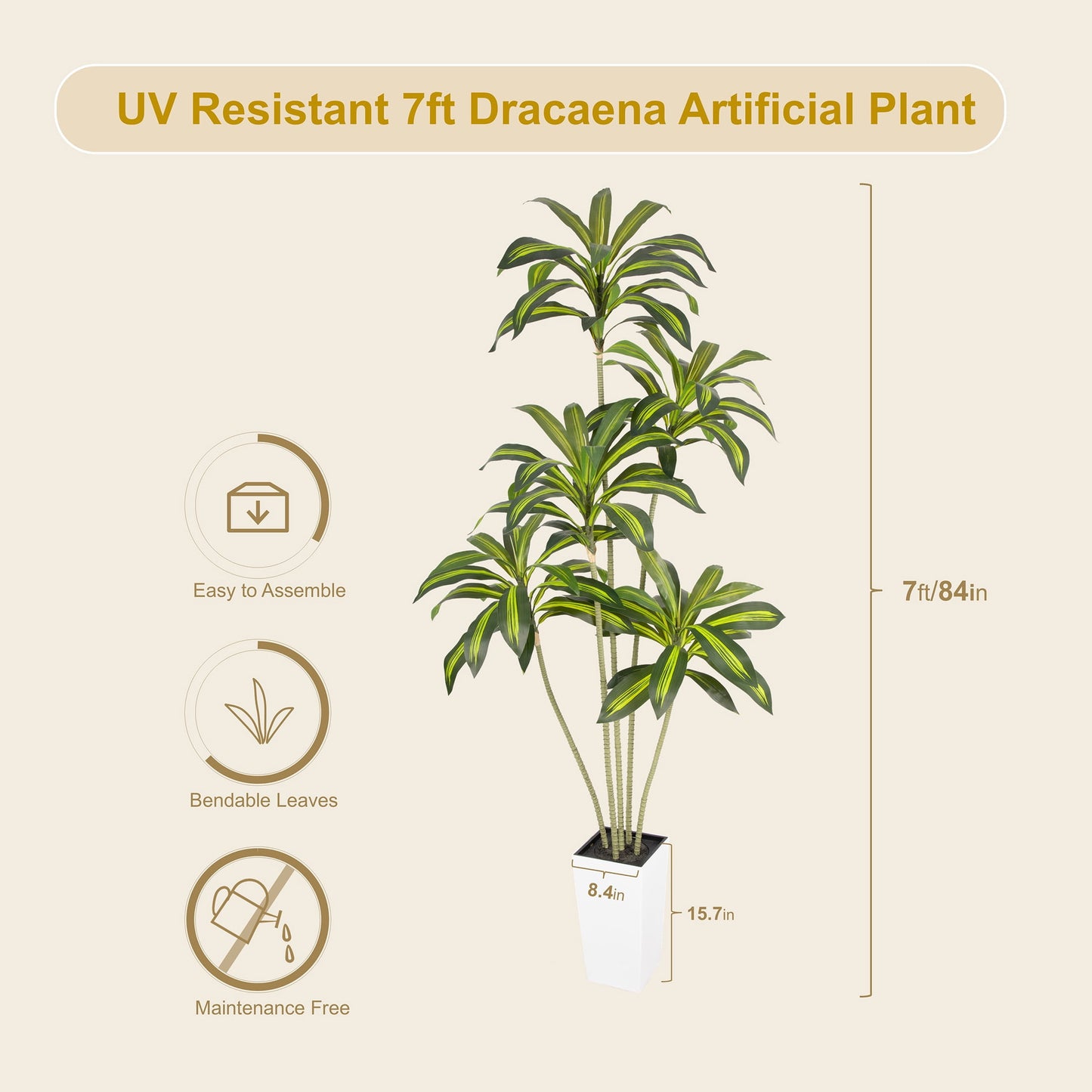 Nafresh UV Resistant 5ft Dracaena Artificial Plant with Tall White Decorative Planter for Indoor Outdoor Decor