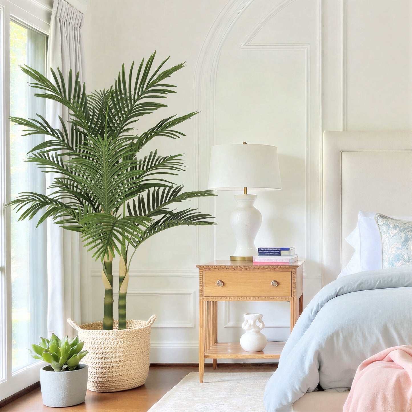 RosyHaven 5/6/7ft UV Resistant Artificial Golden Cane Palm Tree with Full Leaves and Realistic Trunks,Faux Palm Tree,Fake Palm Tree for Poolside Patio Living Room Balcony Outdoor Indoor Decor