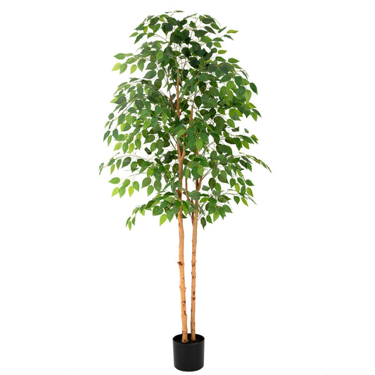 RosyHaven 5/6/7ft Real Touch Artificial Ficus Tree with Real Wood Trunks and Waterproof Leaves, Resistant UV Faux Ficus Tree for Living Room Bedroom Dining Room Balcony Yard Patio Decor