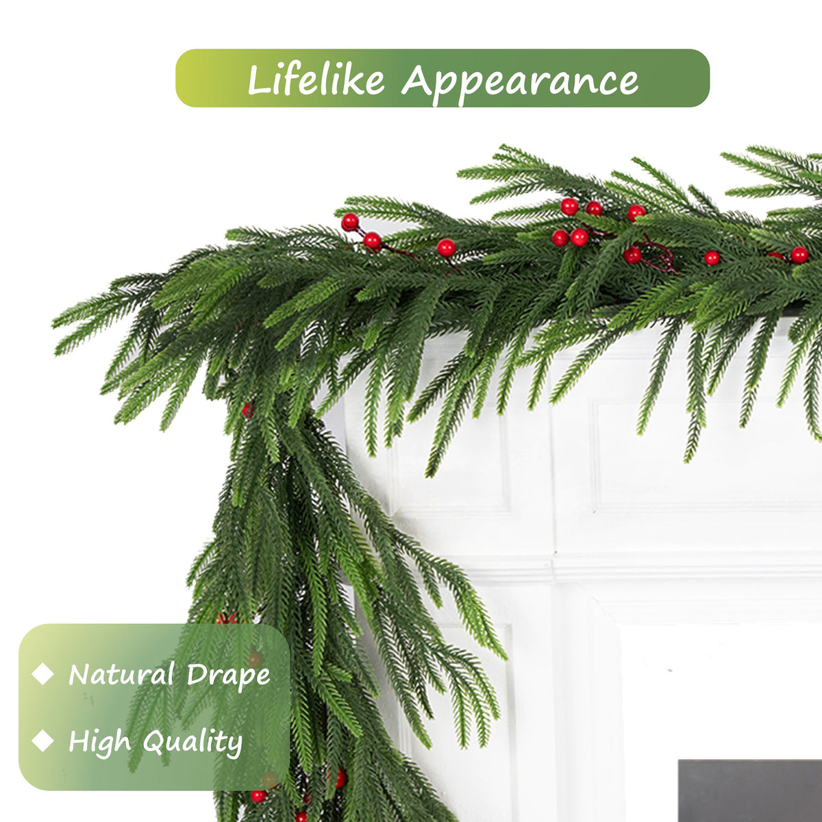 Nafresh 1/2pack 6ft/9ft Real Touch Norfolk Pine Garland, Realistic Faux Christmas Garland with Red Berries for Fireplace Table Stair Window Front Door Decor, 1Pack