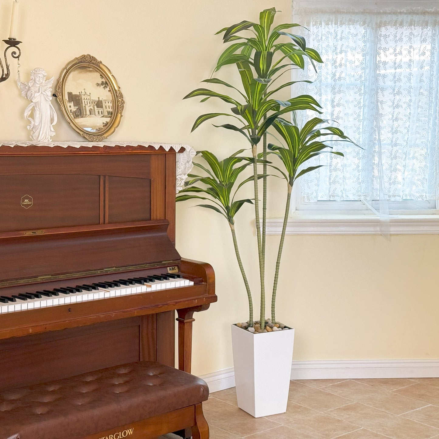Nafresh UV Resistant 5ft Dracaena Artificial Plant with Tall White Decorative Planter for Indoor Outdoor Decor
