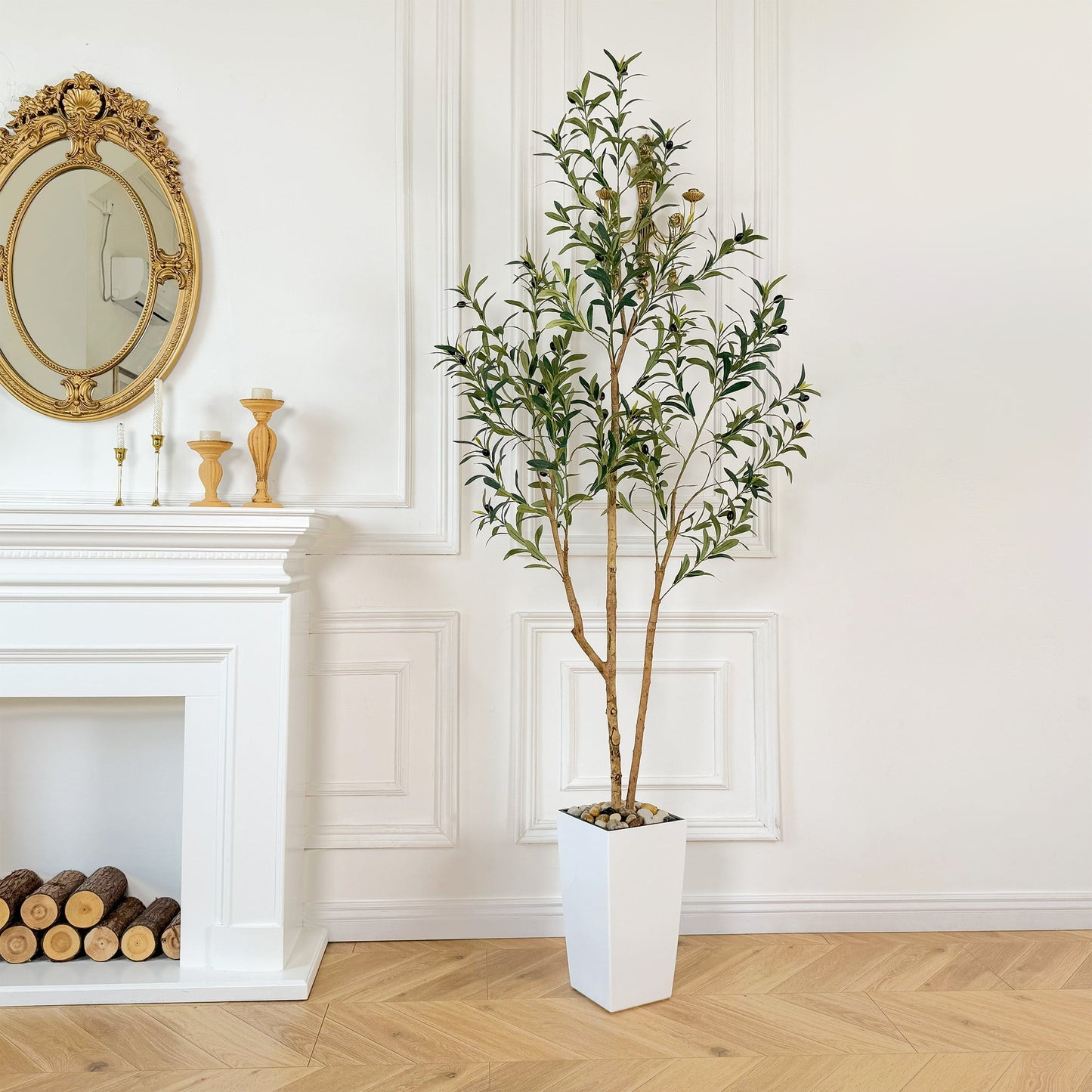 Nafresh 7ft Faux Olive Tree with Multiple Real Wood Trunks & White Decorative Tall Planter, 84in Artificial Olive Tree for Home Office Bedroom Porch Balcony Decor