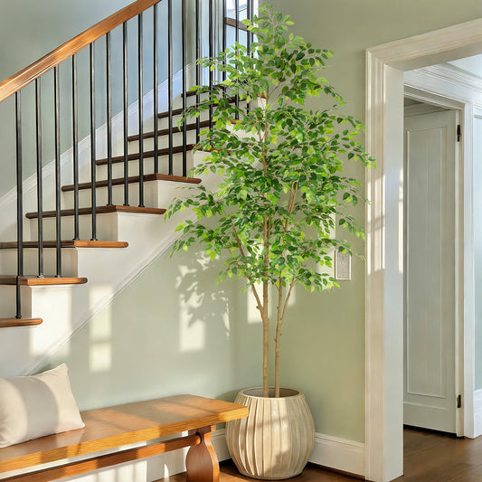 RosyHaven 5ft/6ft/7ft/8ft Real Touch Artificial Ficus Tree , Resistant UV Faux Ficus Tree with Waterproof Leaves and Realitic Trunks for Living Room Bedroom Dining Room Balcony Yard Patio Decor