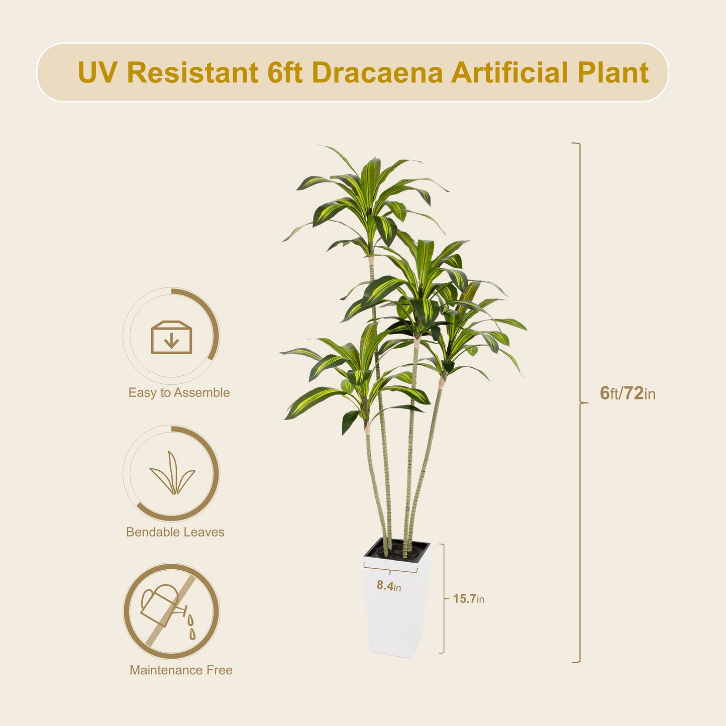 Nafresh UV Resistant 5ft Dracaena Artificial Plant with Tall White Decorative Planter for Indoor Outdoor Decor