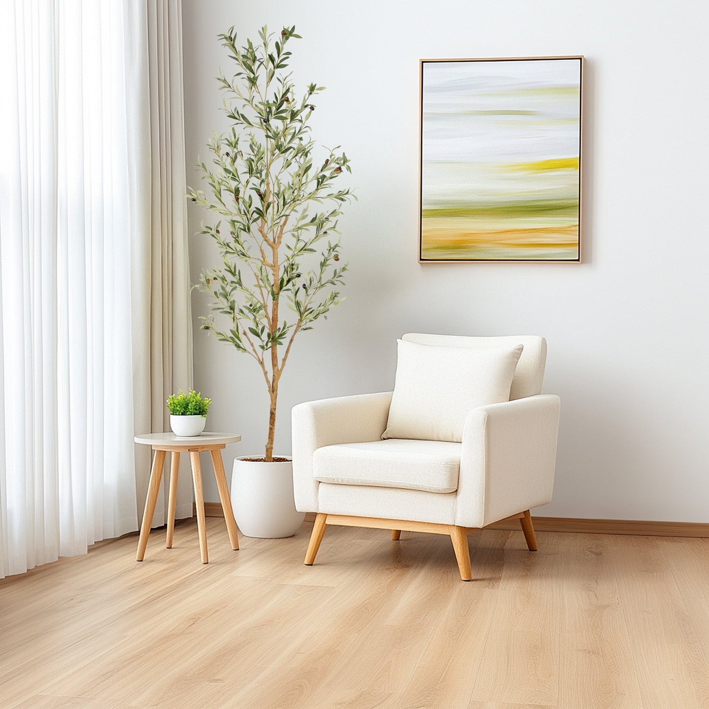 Nafresh 7ft Faux Olive Tree with Real Wood Trunk and Realistic & Full Leaves, 84in Fake Olive Tree with Lifelike Fruits and Sturdy Flower Pot for Indoor Outdoor Decor.