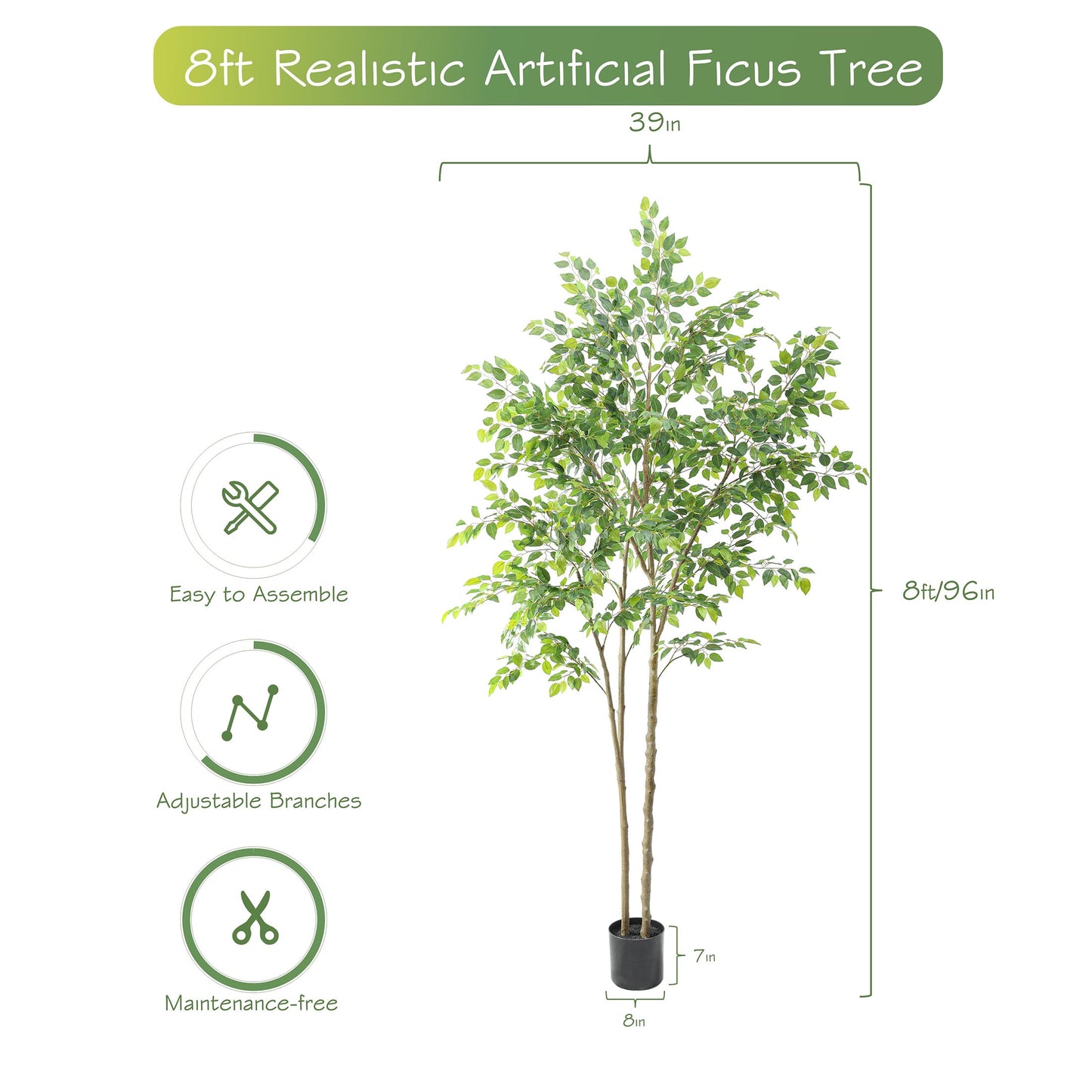 Nafresh 7ft Artificial Ficus Tree with Full Leaves, Multiple Realistic Trunks, and Sturdy Pot for Indoor Outdoor Decor.