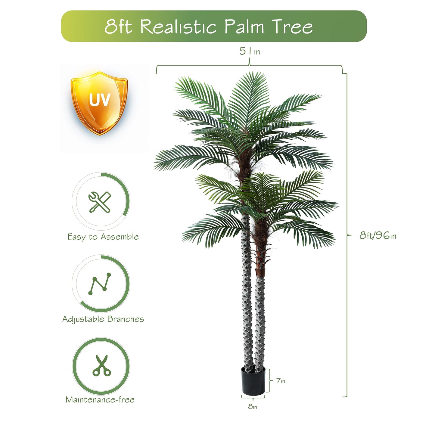 Nafresh 8ft UV Resistant Faux Palm Tree with Full and Lifelike Leaves , 96in Artificial Palm Tree with Realistic Trunks and Real Bark for Outdoor Indoor Home Office Decor.