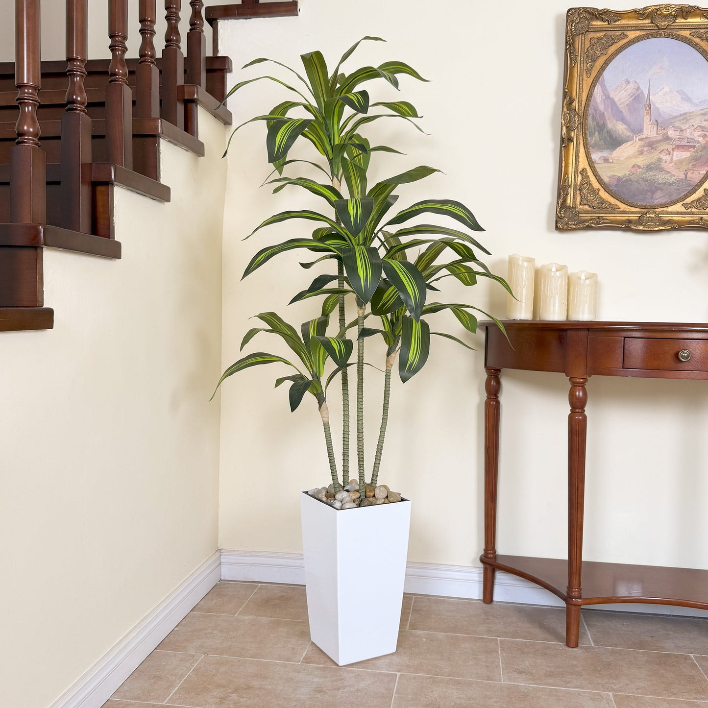 Nafresh UV Resistant 5ft Dracaena Artificial Plant with Tall White Decorative Planter for Indoor Outdoor Decor