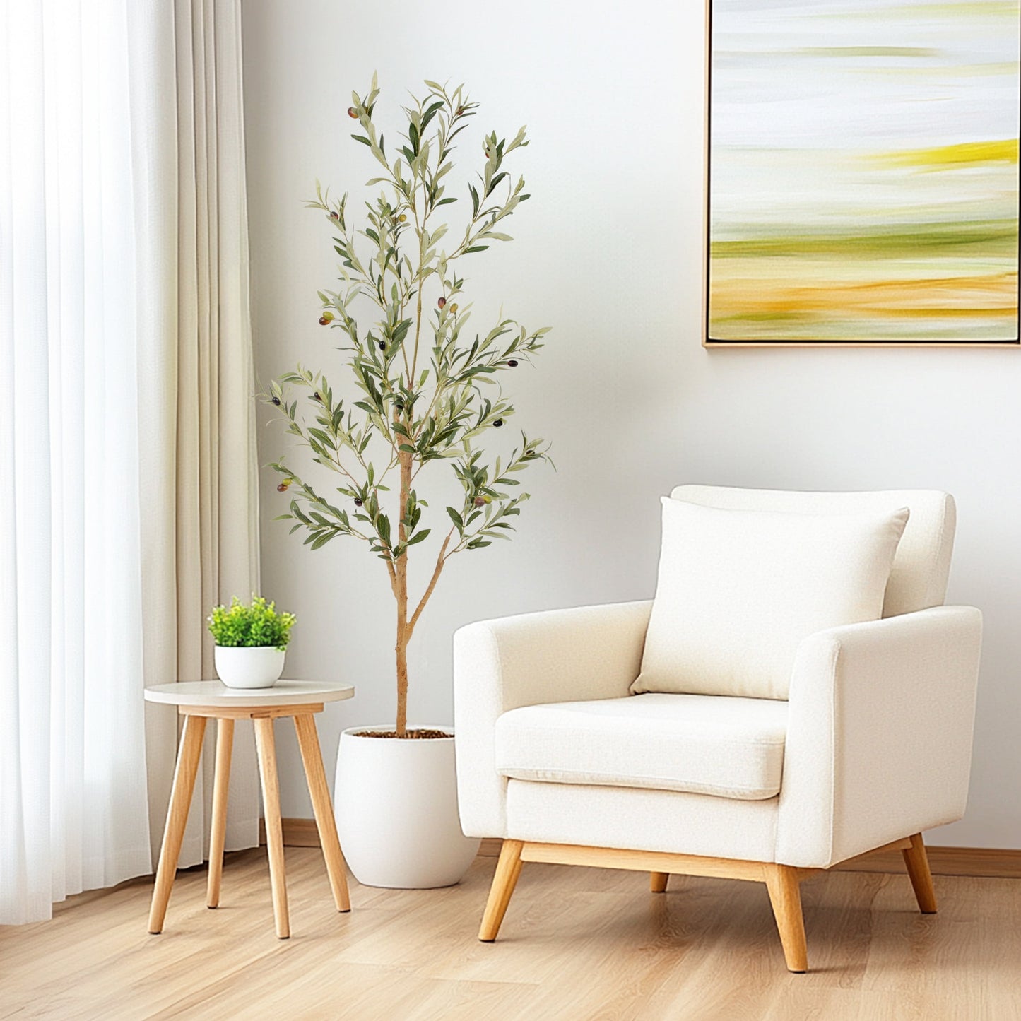 Nafresh 7ft Faux Olive Tree with Real Wood Trunk and Realistic & Full Leaves, 84in Fake Olive Tree with Lifelike Fruits and Sturdy Flower Pot for Indoor Outdoor Decor.
