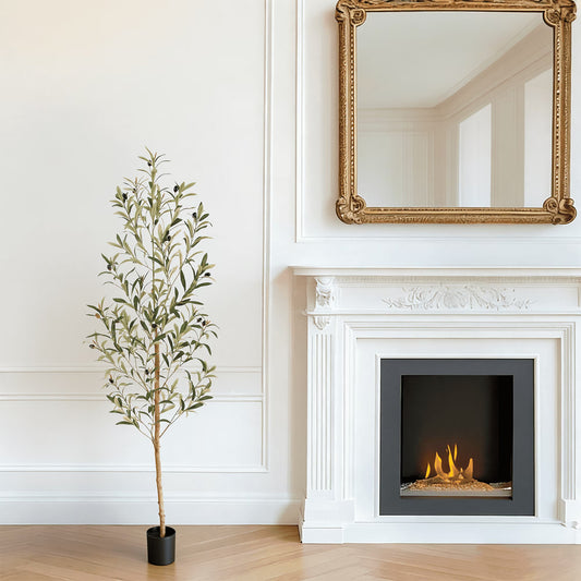 Nafresh 5/6/7ft Faux Olive Tree with Real Wood Trunk and Realistic & Full Leaves, 60/72/84in Fake Olive Tree with Lifelike Fruits for Indoor Outdoor Decor