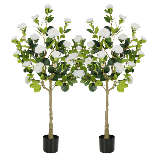RosyHaven 4ft/5ft 2pack Artificial Camellia Tree with Realistic White/Orange/Pink/Red/Yellow Flowers, Lifelike Faux Flower Tree with Blooming Fake Flowers for Front Door Porch Patio Garden Yard Poolside Living Room Decor.
