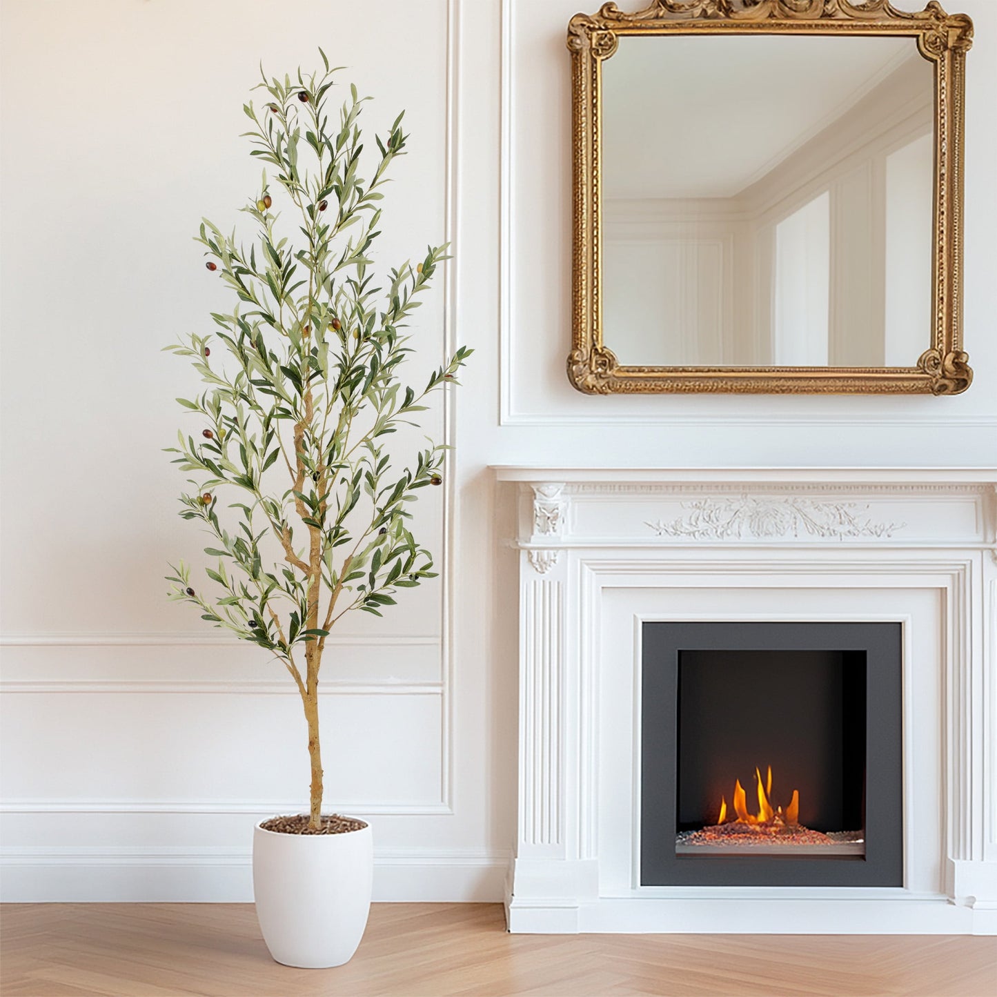 Nafresh 7ft Faux Olive Tree with Real Wood Trunk and Realistic & Full Leaves, 84in Fake Olive Tree with Lifelike Fruits and Sturdy Flower Pot for Indoor Outdoor Decor.