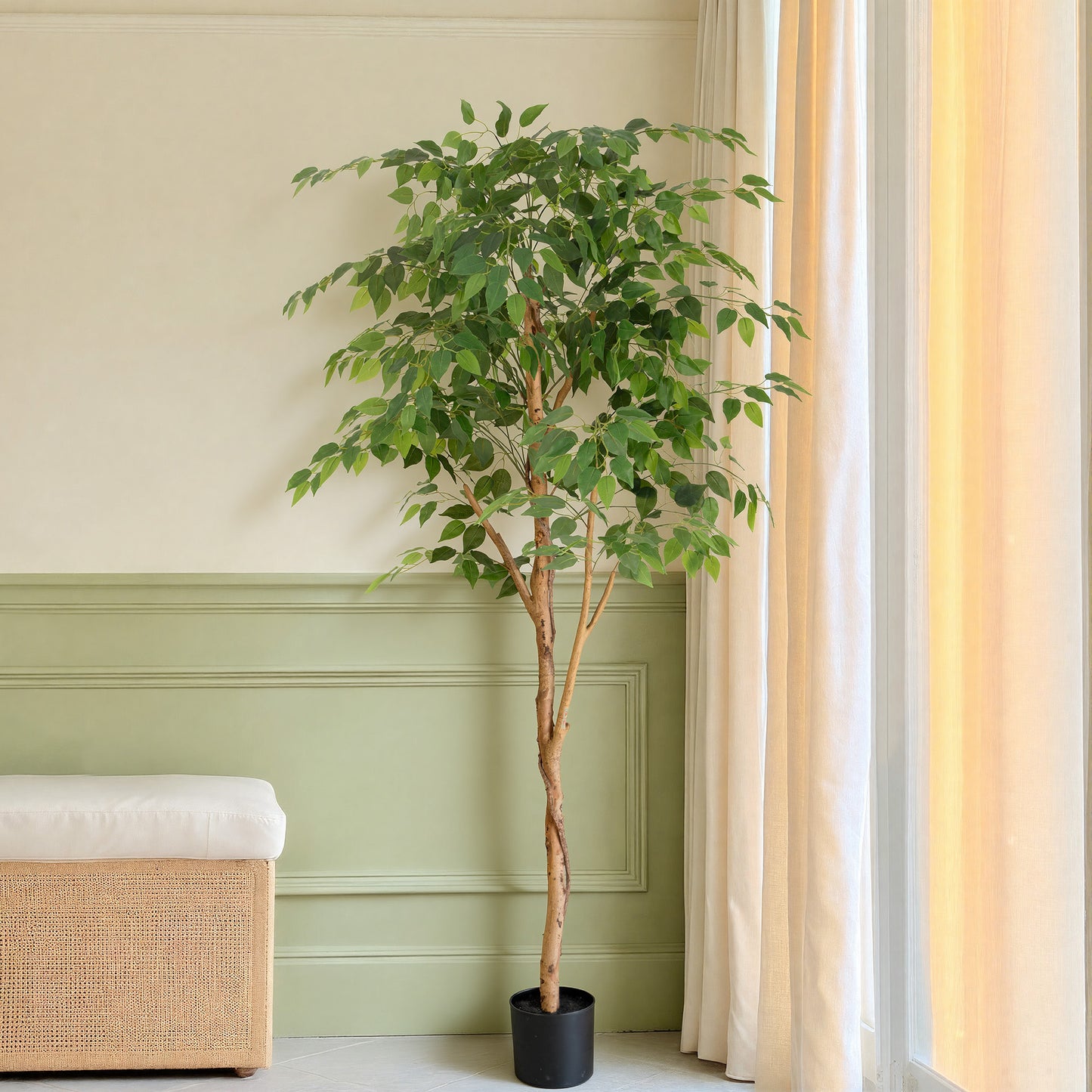 RosyHaven 5/6/7ft Resistant UV Artificial Ficus Tree with Real Wood Trunks and Waterproof & Real Touch Leaves, Realistic Faux Ficus Tree for Living Room Bedroom Dining Room Balcony Yard Patio Decor