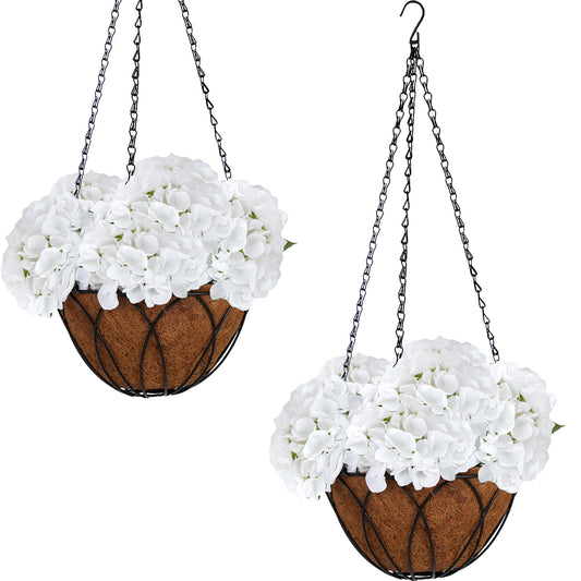RosyHaven 14Pcs Real Touch Artificial Hanging Flowers for Outdoors with Hanging Basket,Realistic Leaves,White/Beige/ Pink/Rose Red/Green/Bule/Purple Hydrangea Faux Flowers,Fake Hanging Flowers for Front Door Porch Patio Garden Room Decor