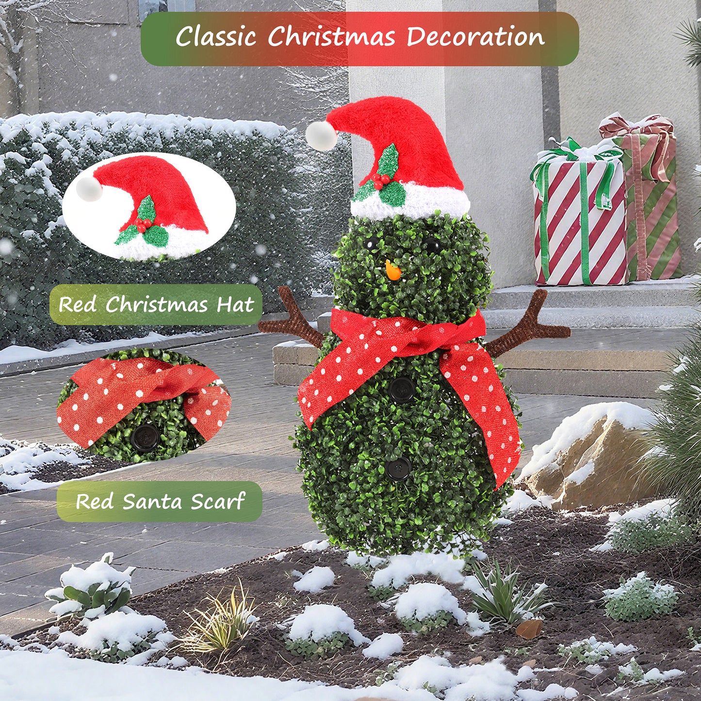RosyHaven 3ft 1pack/2pack Snowman Topiary Tree, Realistic Artificial Snowman Shaped Topiary Tree with Red Christmas Hat, Scarf, and Brown Arms for Christmas Decor in Yard Porch Living Room Dining Room Bedroom