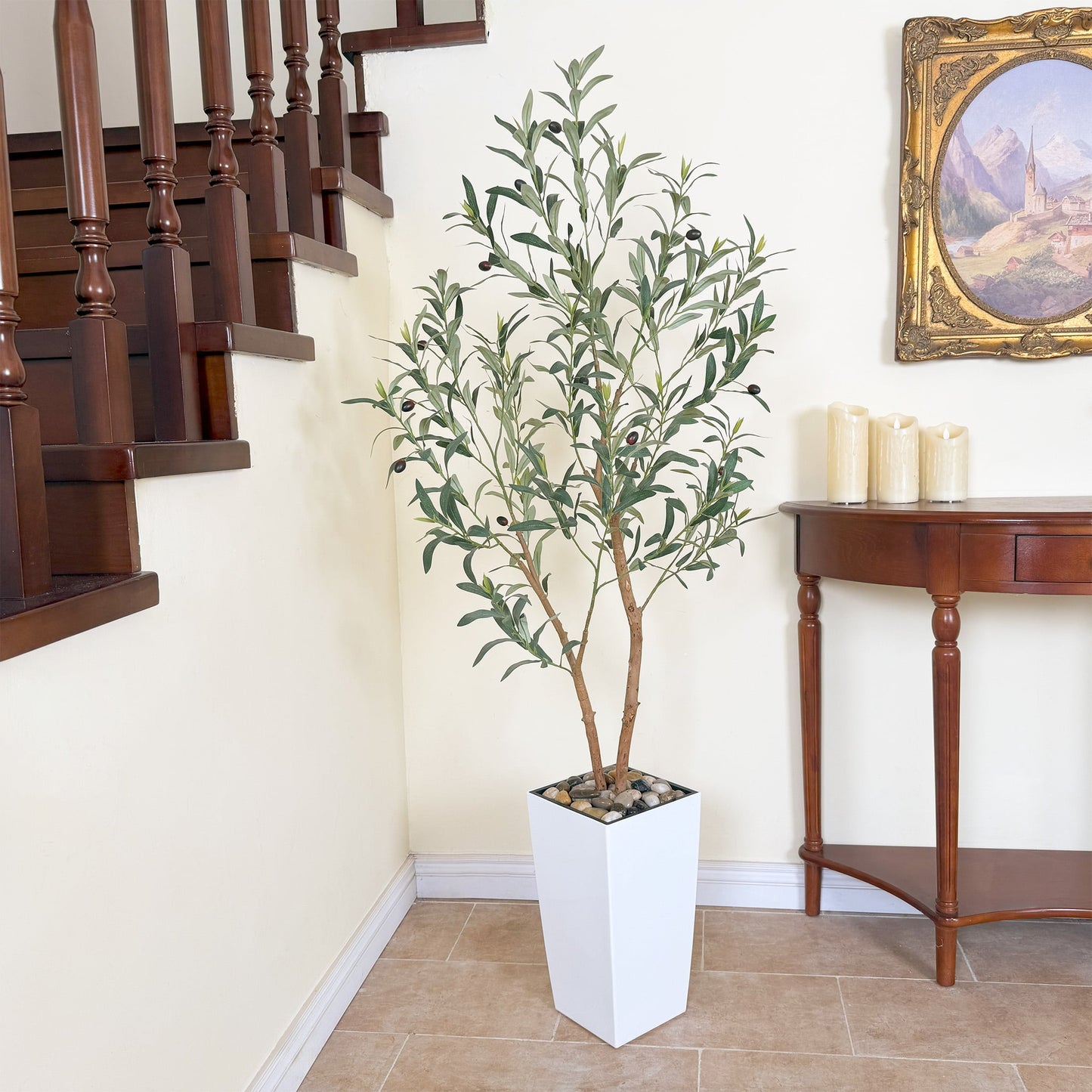 Nafresh 7ft Faux Olive Tree with Multiple Real Wood Trunks & White Decorative Tall Planter, 84in Artificial Olive Tree for Home Office Bedroom Porch Balcony Decor