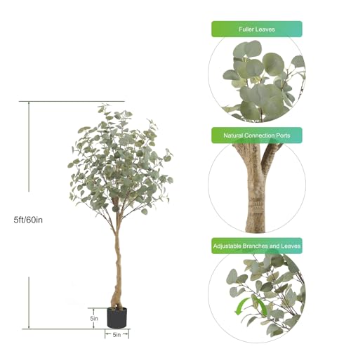 Tall Eucalyptus Tree Artificial，5ft(60in) Faux Eucalyptus Tree with Realistic Silk Leaves， Fake Trees Indoor Outdoor for Home Office Living Room Bedroom Foyer Porch Decor.