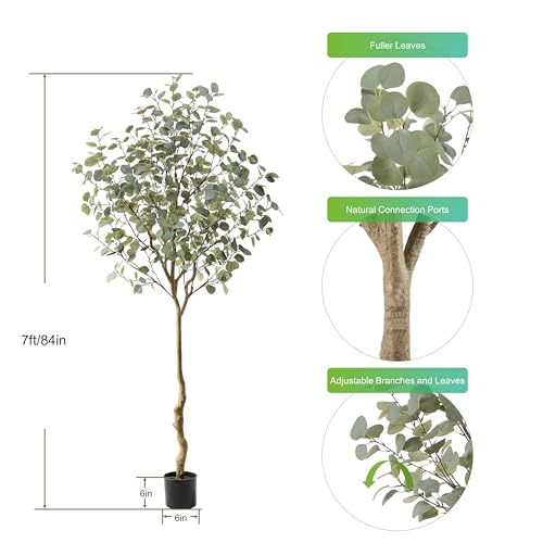 Tall Eucalyptus Tree Artificial，7ft(84in) Faux Eucalyptus Tree with Realistic Silk Leaves， Fake Trees Indoor Outdoor for Home Office Living Room Bedroom Foyer Porch Decor.