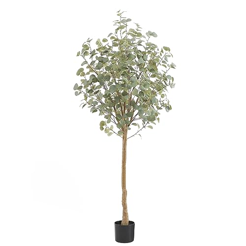 Tall Eucalyptus Tree Artificial，6ft(72in) Faux Eucalyptus Tree with Realistic Silk Leaves， Fake Trees Indoor Outdoor for Home Office Living Room Bedroom Foyer Porch Decor.