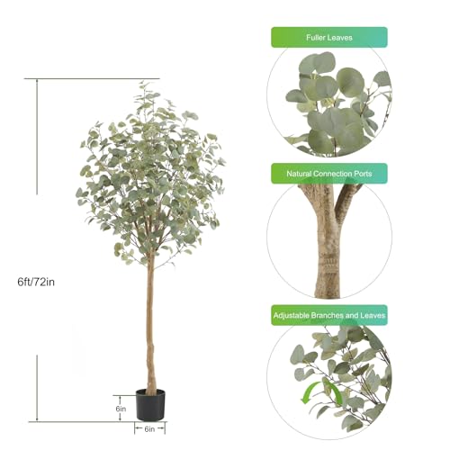 Tall Eucalyptus Tree Artificial，6ft(72in) Faux Eucalyptus Tree with Realistic Silk Leaves， Fake Trees Indoor Outdoor for Home Office Living Room Bedroom Foyer Porch Decor.