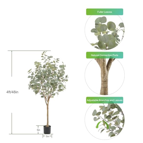Tall Eucalyptus Tree Artificial，4ft(48in) Faux Eucalyptus Tree with Realistic Silk Leaves， Fake Trees Indoor Outdoor for Home Office Living Room Bedroom Foyer Porch Decor.