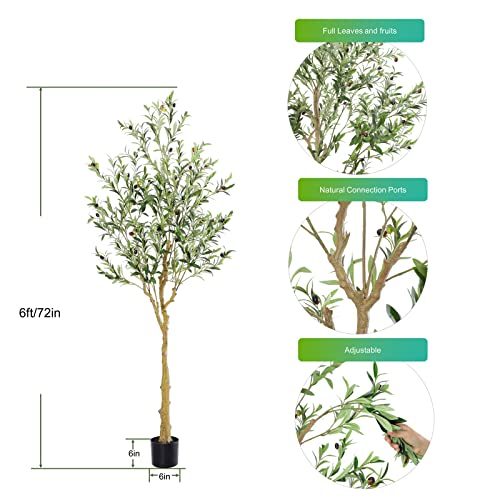 Tall Faux Olive Tree，6Ft(72in) Realistic Texture Potted Silk Artificial Olive Tree， Fake Olive Trees Indoor Outdoor for Home Office Living Room Bedroom Foyer Porch Decor. 2 Pack