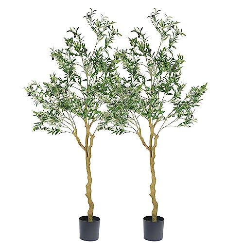 Tall Faux Olive Tree，7ft（84in） Realistic Potted Silk Artificial Olive Tree， Fake Olive Trees Indoor for Home Office Living Room Bedroom Stairs Foyer Decor.2pack.