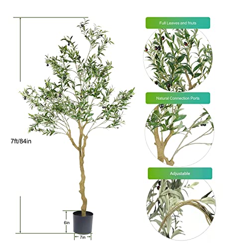 Tall Faux Olive Tree，7ft（84in） Realistic Potted Silk Artificial Olive Tree， Fake Olive Trees Indoor for Home Office Living Room Bedroom Stairs Foyer Decor.2pack.