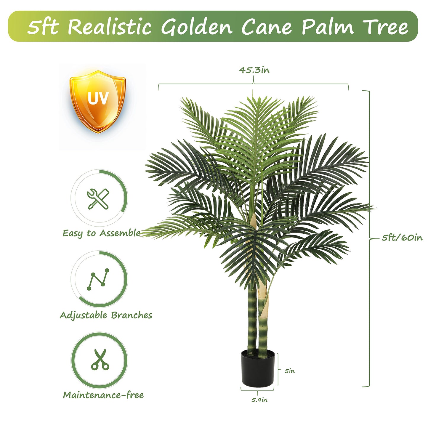RosyHaven 5/6/7ft UV Resistant Artificial Golden Cane Palm Tree with Full Leaves and Realistic Trunks,Faux Palm Tree,Fake Palm Tree for Poolside Patio Living Room Balcony Outdoor Indoor Decor