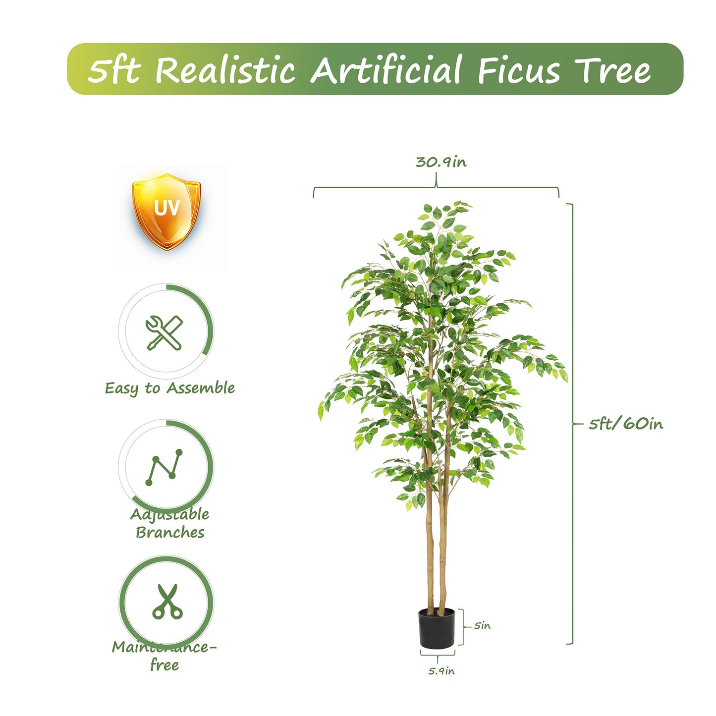 RosyHaven 5ft/6ft/7ft/8ft Real Touch Artificial Ficus Tree , Resistant UV Faux Ficus Tree with Waterproof Leaves and Realitic Trunks for Living Room  Bedroom Dining Room Balcony Yard Patio Decor
