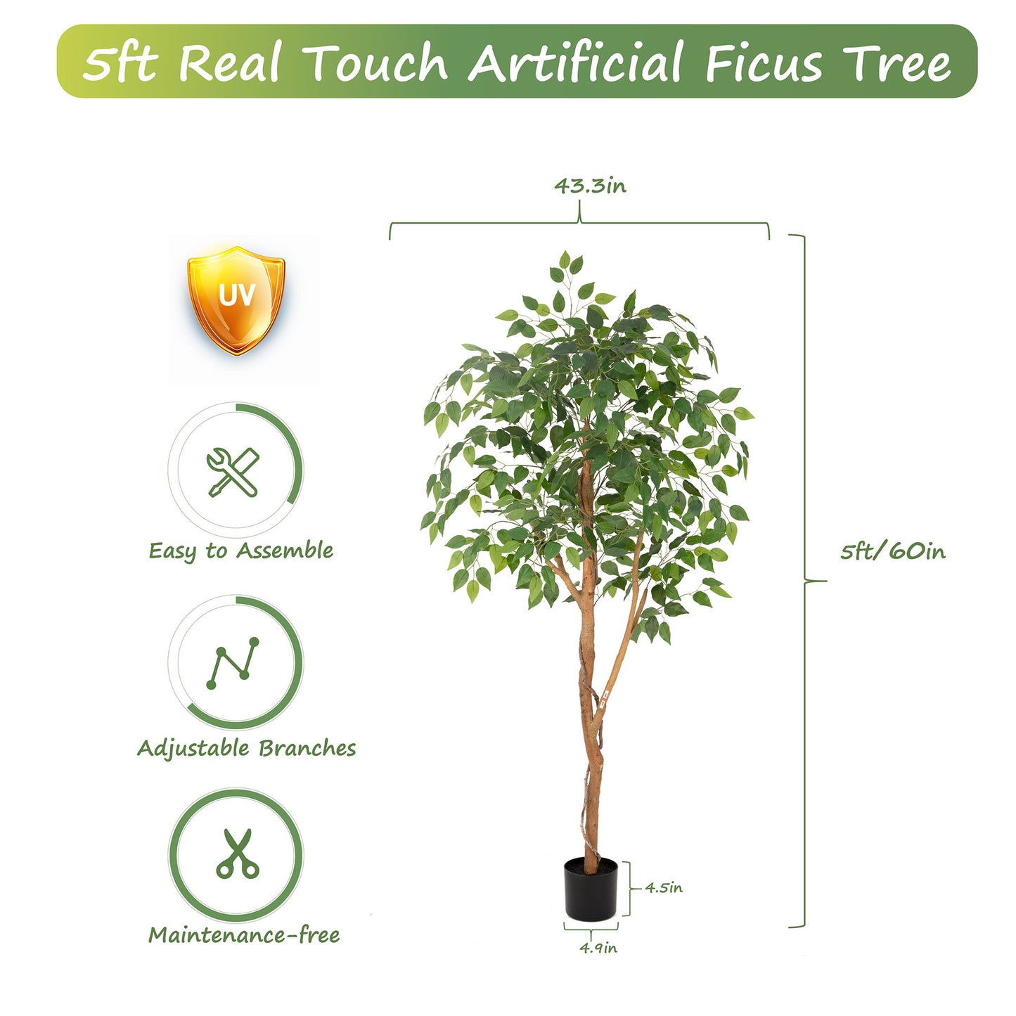 RosyHaven 5/6/7ft Resistant UV Artificial Ficus Tree with Real Wood Trunks and Waterproof & Real Touch Leaves, Realistic Faux Ficus Tree for Living Room Bedroom Dining Room Balcony Yard Patio Decor