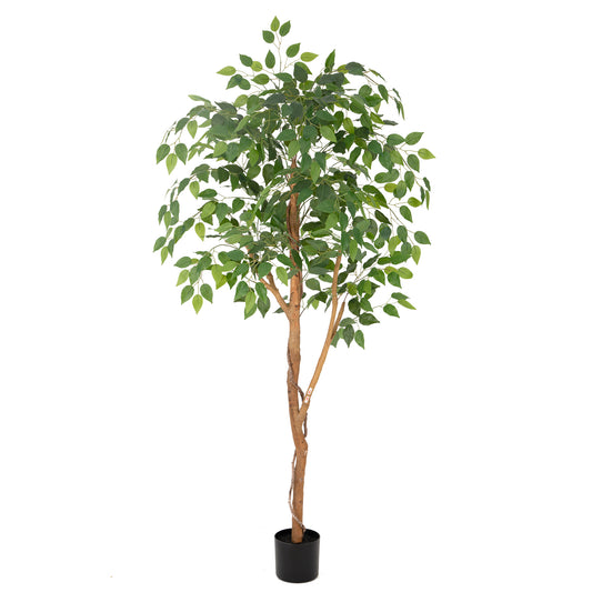 RosyHaven 5/6/7ft Resistant UV Artificial Ficus Tree with Real Wood Trunks and Waterproof & Real Touch Leaves, Realistic Faux Ficus Tree for Living Room Bedroom Dining Room Balcony Yard Patio Decor