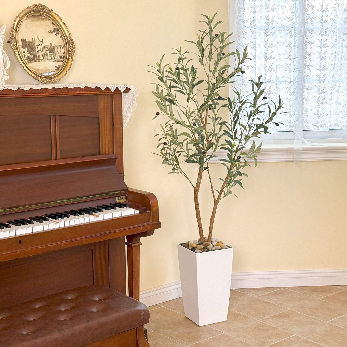 Nafresh 7ft Faux Olive Tree with Multiple Real Wood Trunks & White Decorative Tall Planter, 84in Artificial Olive Tree for Home Office Bedroom Porch Balcony Decor