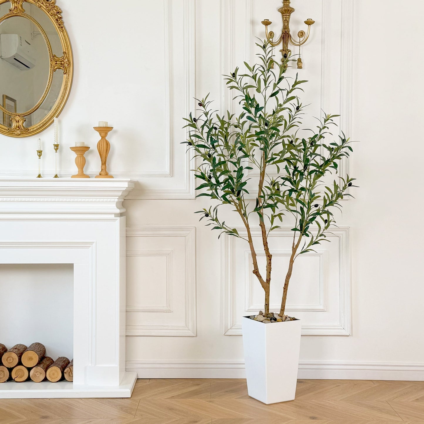 Nafresh 7ft Faux Olive Tree with Multiple Real Wood Trunks & White Decorative Tall Planter, 84in Artificial Olive Tree for Home Office Bedroom Porch Balcony Decor